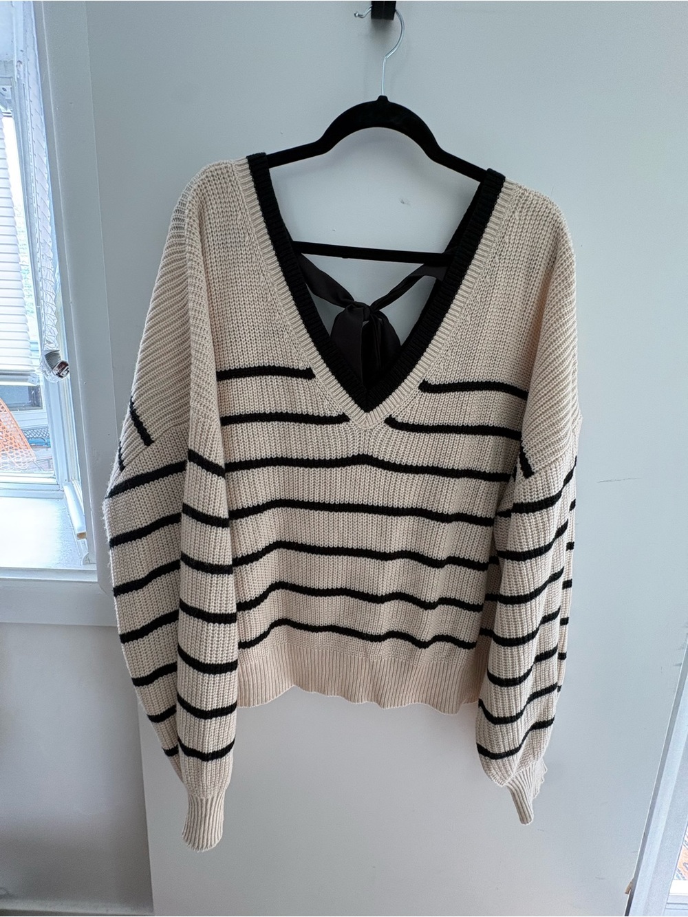 Women’s Cream & Black Striped Sweater – V-Neck Bow Tie Back – NWOT, fits 2x